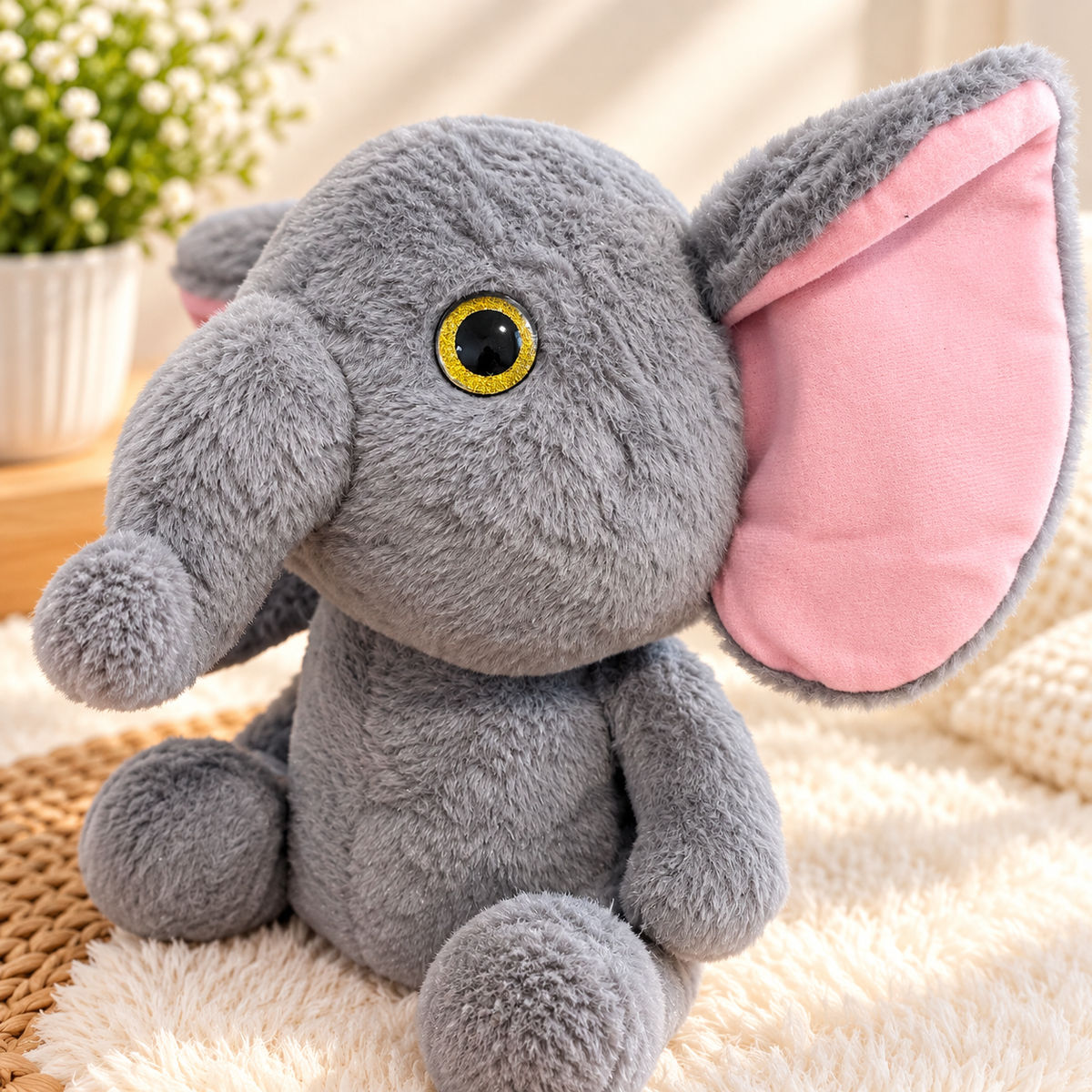 Cute Grey Plush Elephant with Pink Ears ā Soft Stuffed Toy