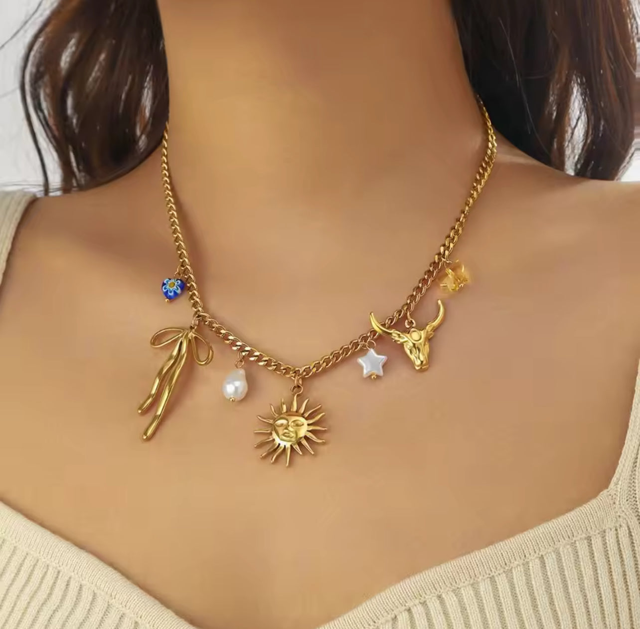 Vintage Eyes of Demon Necklace Delicate Tropical Style Ocean Necklace Trendy Metal Chain Multilayer Pearl Necklace Lady