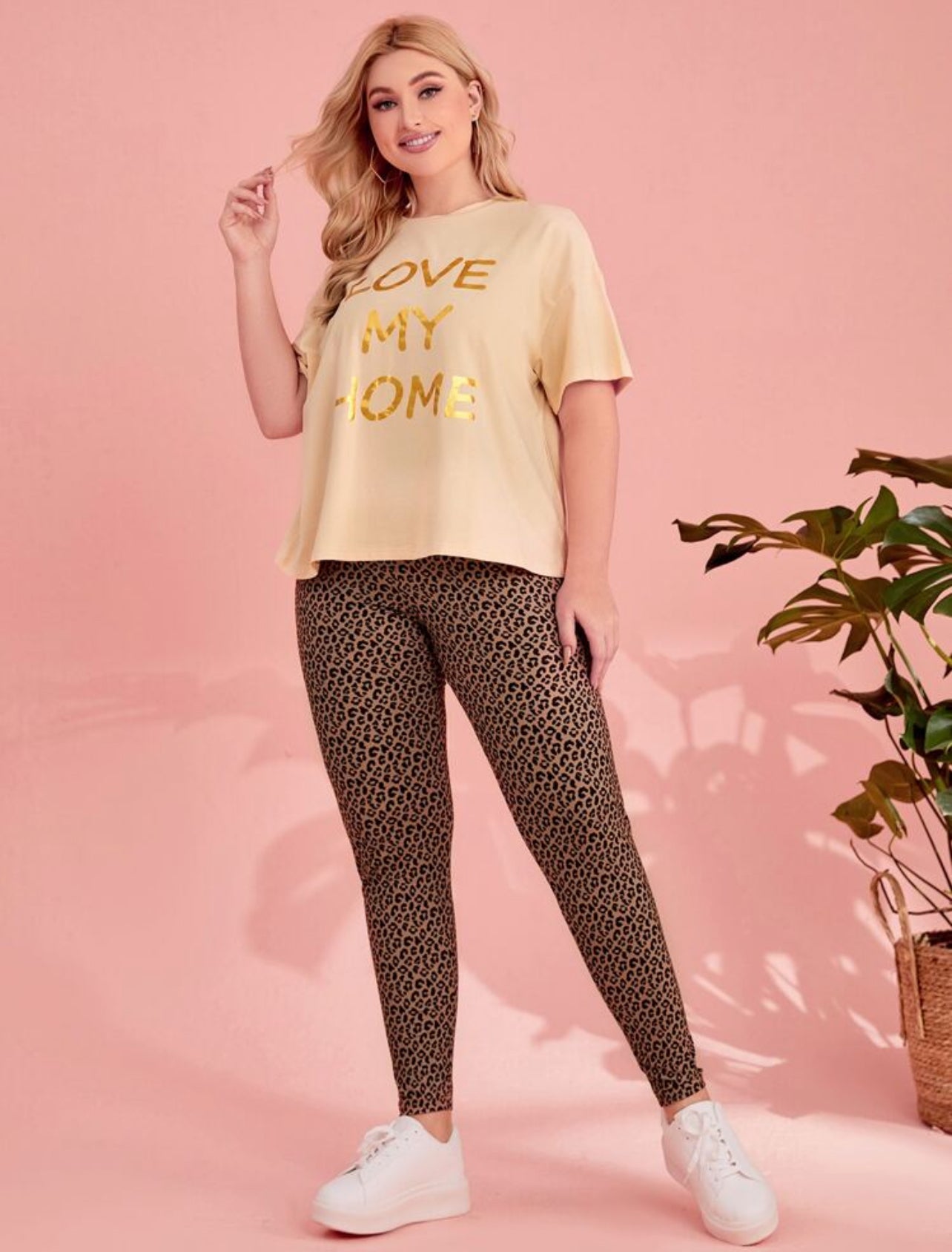 SHEIN Plus Slogan Graphic Tee & Leopard Leggings Set - 0XL