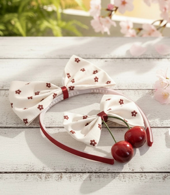 Cherry Bow Headband & Hair Clip Set – Cream & Red