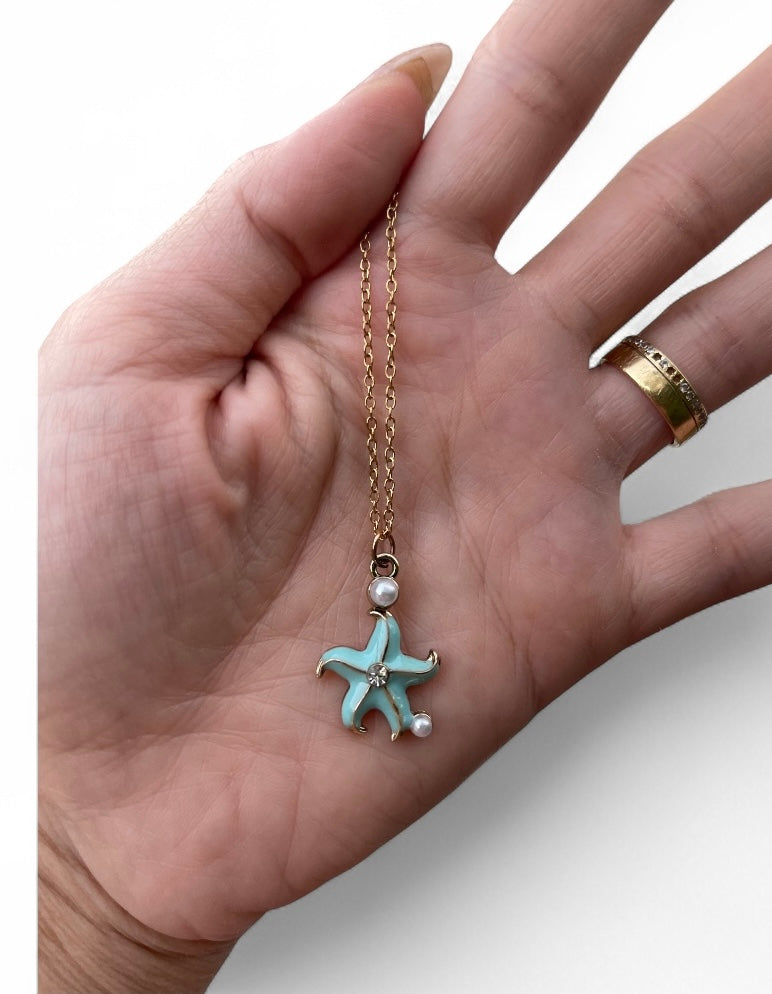 Blue Starfish Stainless Steel Necklace With Pearl Detail