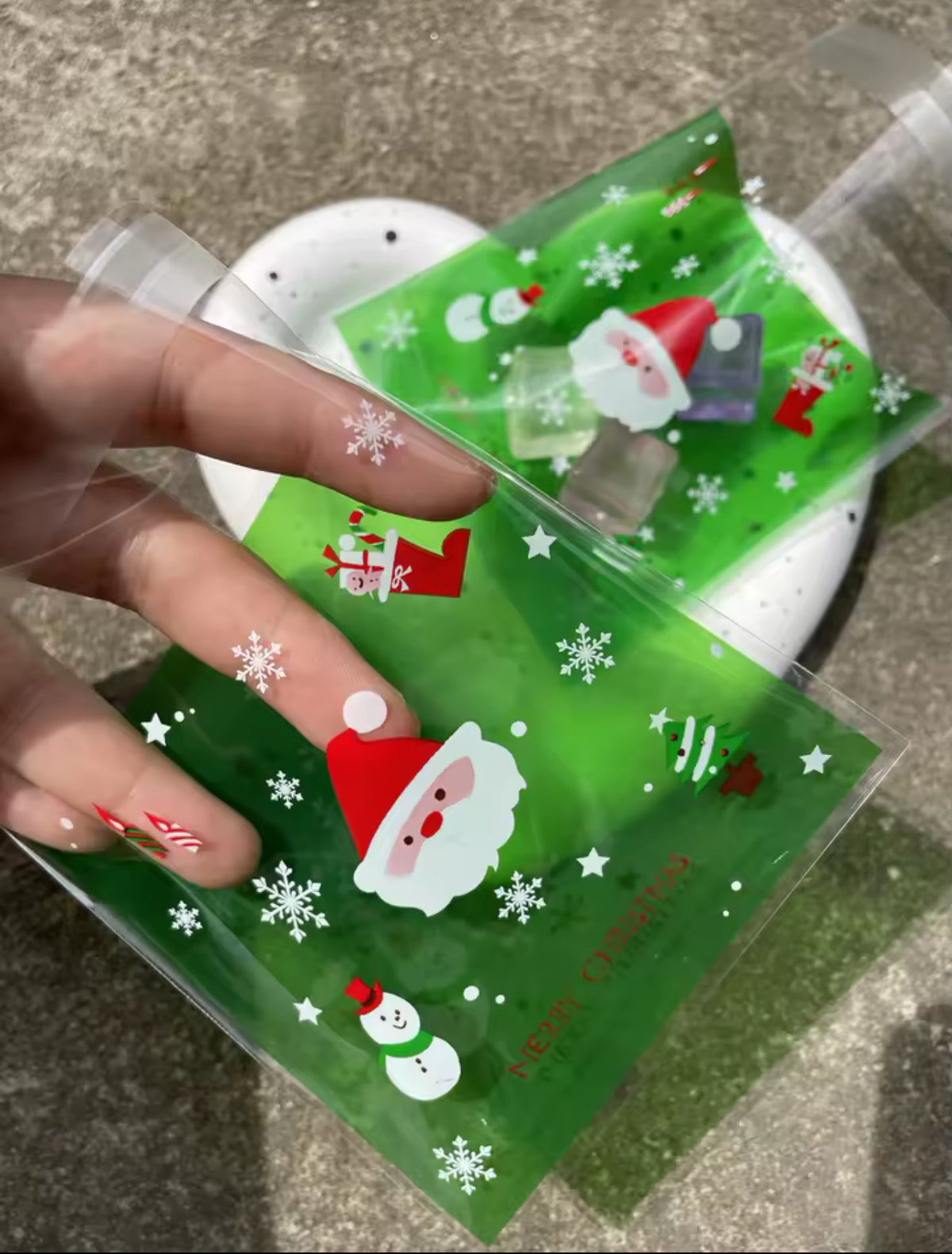 100Pcs Christmas Santa Claus self adhesive clear cookies bag