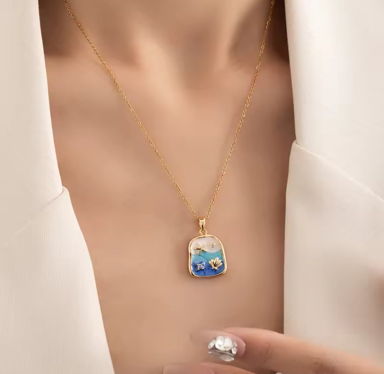 ANENJERY 316L Stainless Steel Square Starfish Shell Necklace For Women Vintage Personality Summer Holiday Jewelry Gift Wholesale