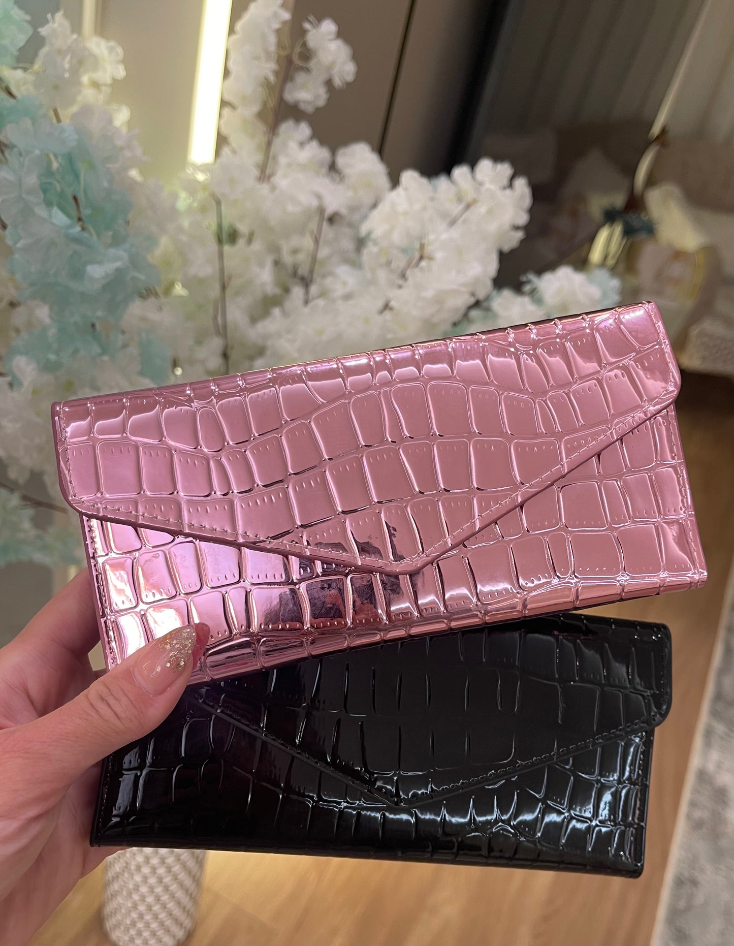 Metallic Croc-Embossed Long Wallet