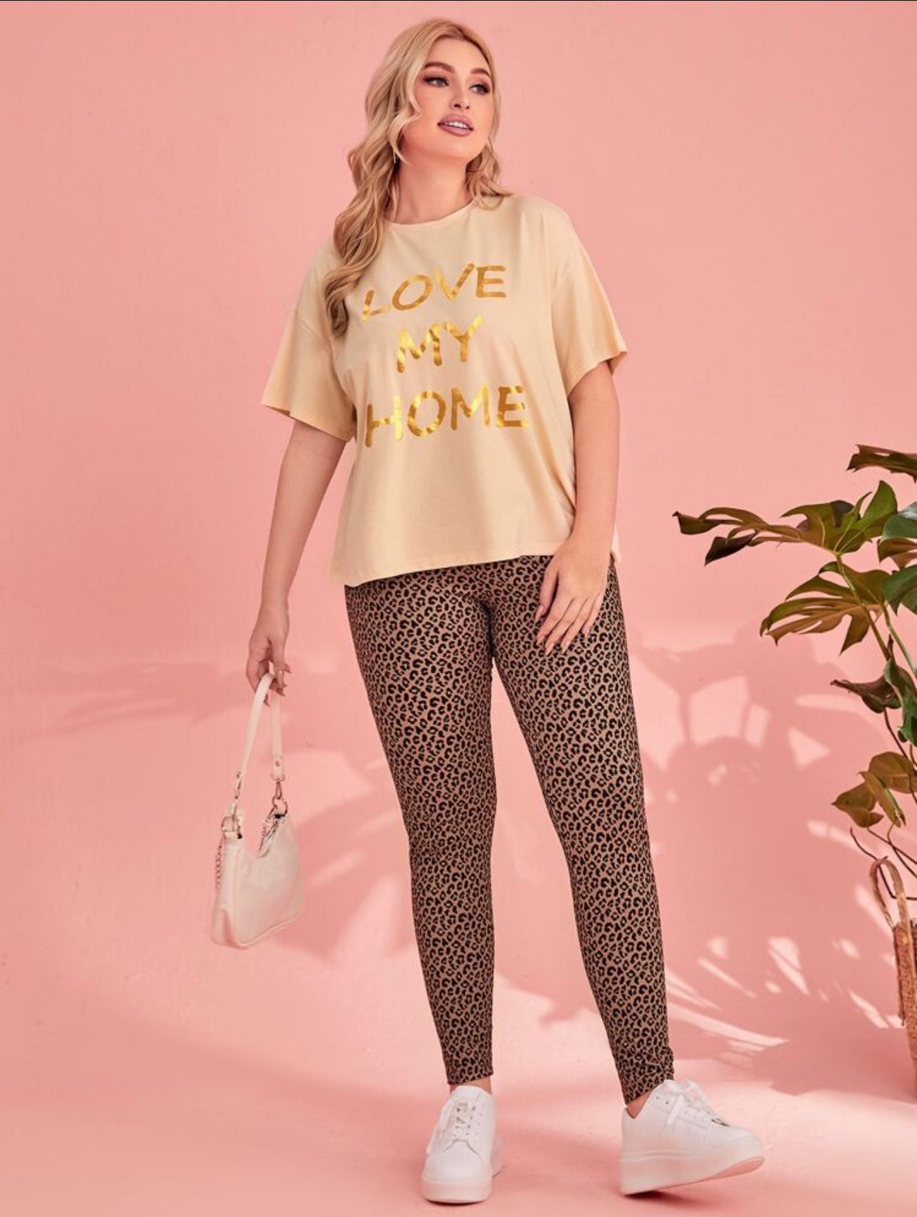 SHEIN Plus Slogan Graphic Tee & Leopard Leggings Set - 0XL