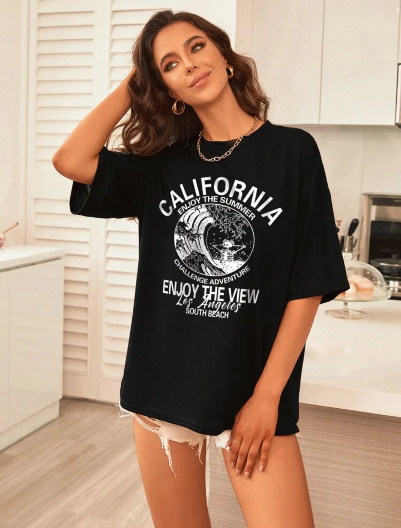 Skeleton And Slogan Graphic Drop Shoulder Tee - Small