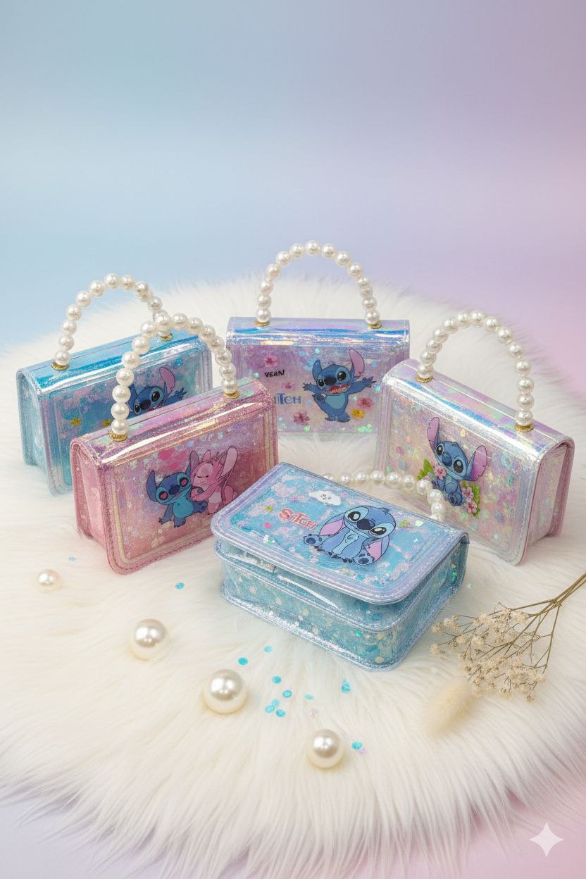 Holographic Glitter Kids Handbag with Pearl Handle β Cute Stitch & Angel Cartoon Design