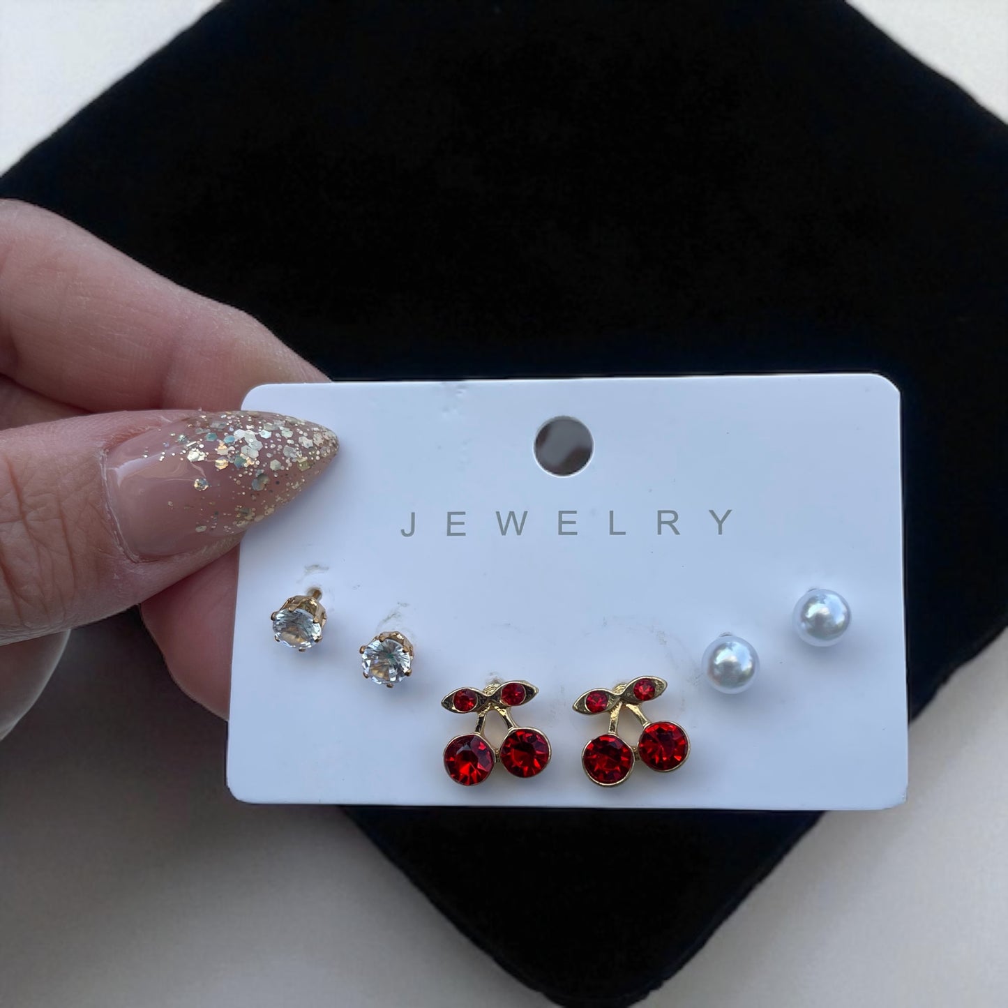 3Pcs Mini Cherry Pearl Rhinestone Earrings