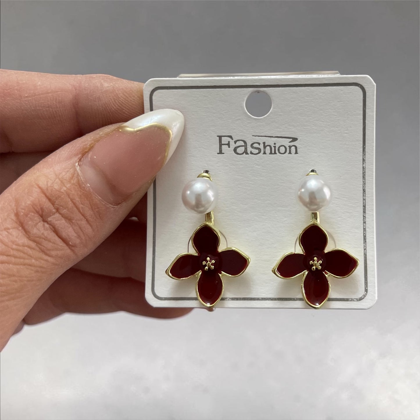Floral Front & Back Drop Earrings – Pearl & trending Red Enamel (Alloy)