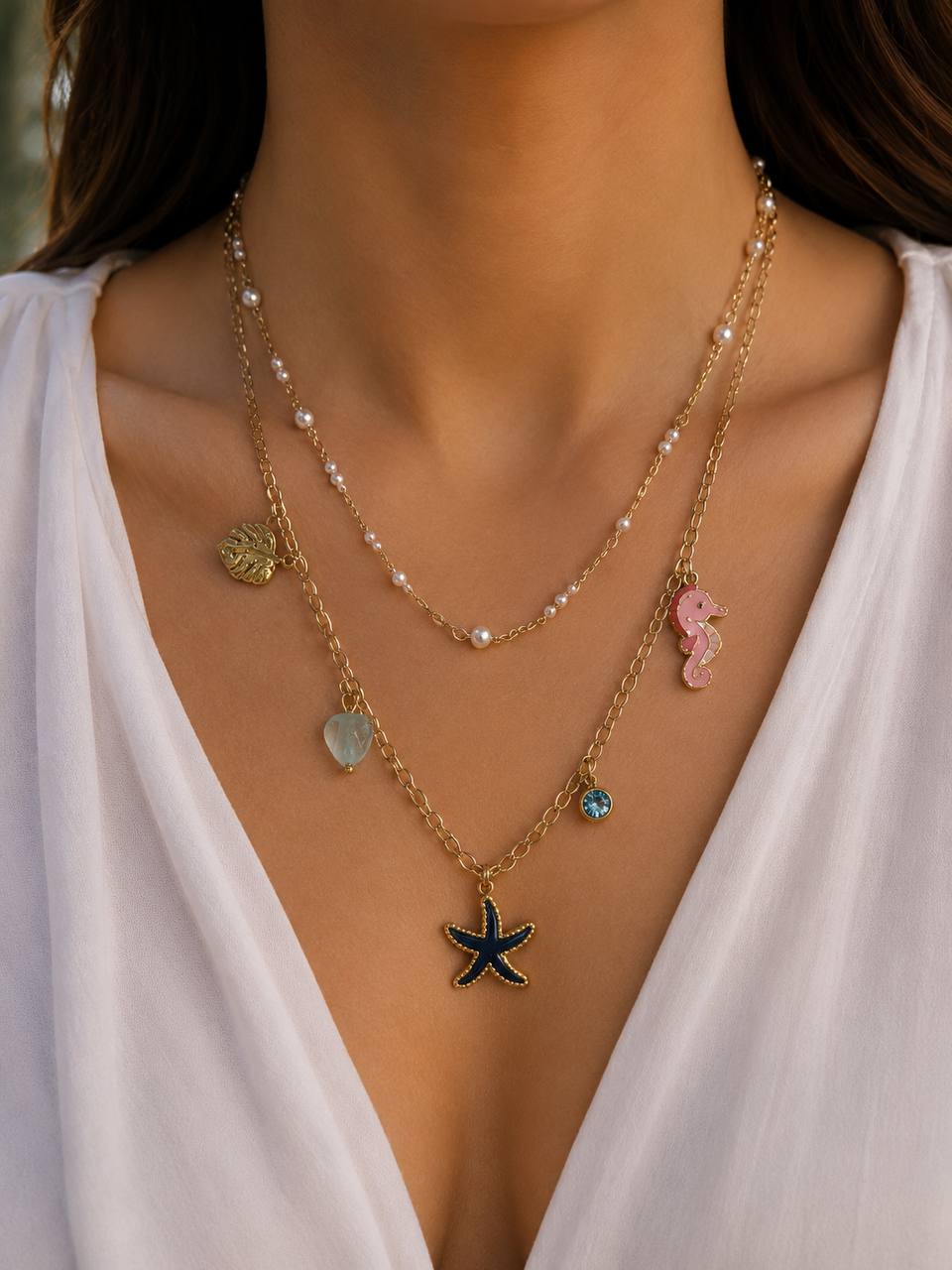 Ocean Charm Layered Necklace – Stainless Steel Gold-Plated Beach Pendant Necklace
