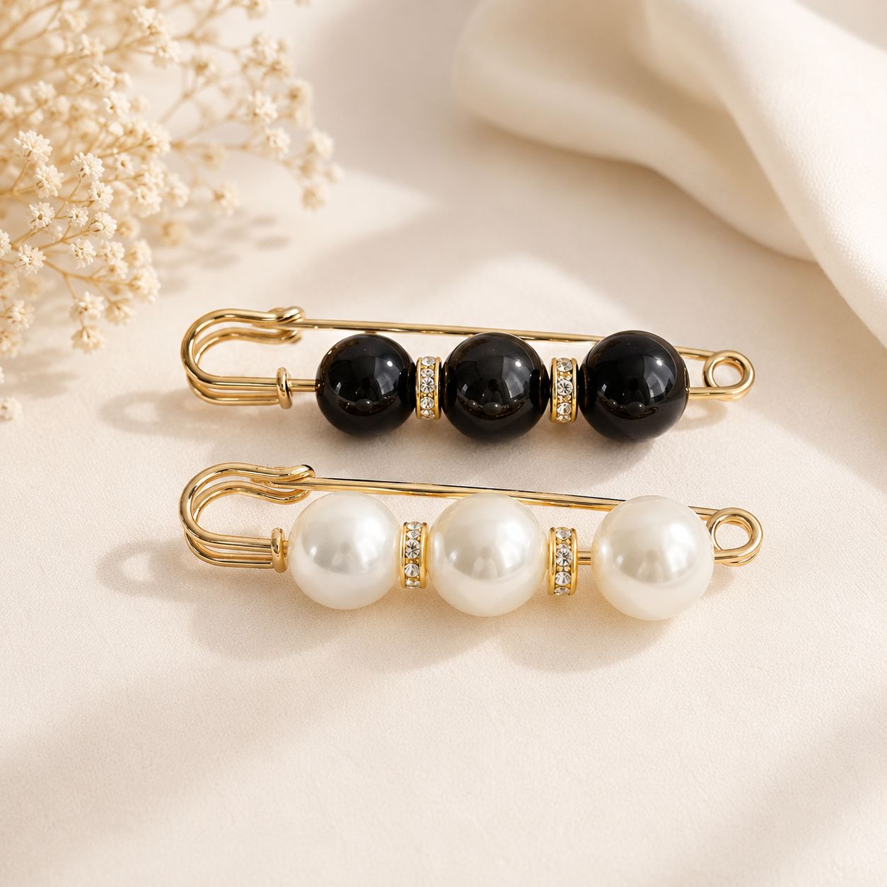 Elegant Pearl & Black Bead Safety Pin Brooch Set – Gold Tone