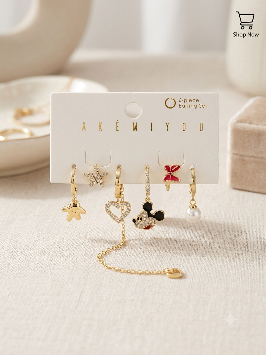 SP Cute Girl Fashion Pink Enamel Mouse Earrings Sets 18K Gold Plated Zircon Heart Long Tassel Earring Set