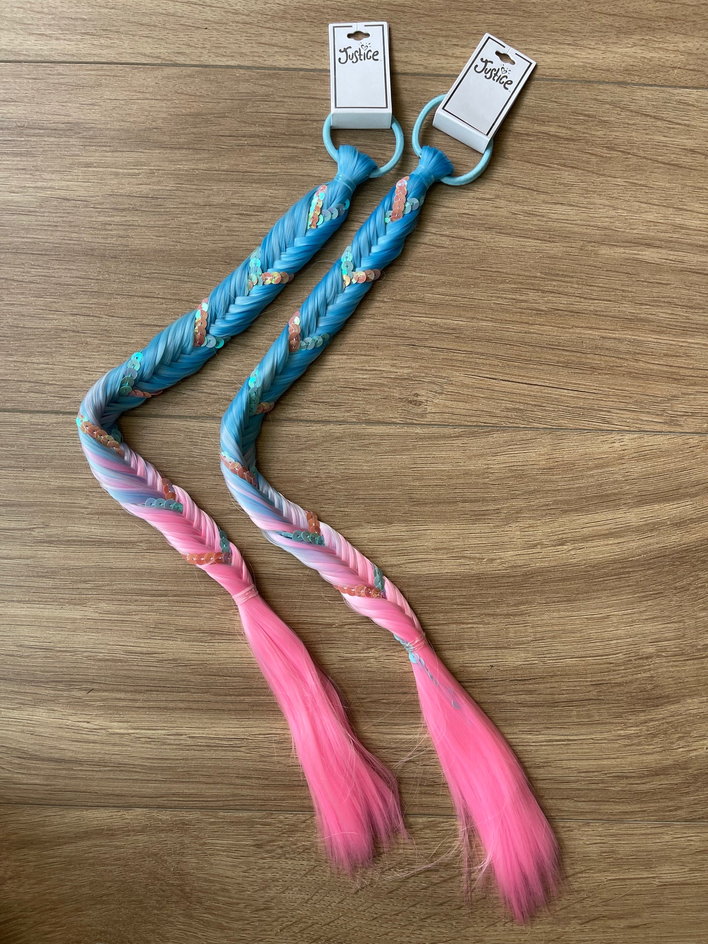 2Pcs Justice Blue Pink Sequin Faux Hair Piece Ponytail Braid Halloween Costume Birthday Advertise