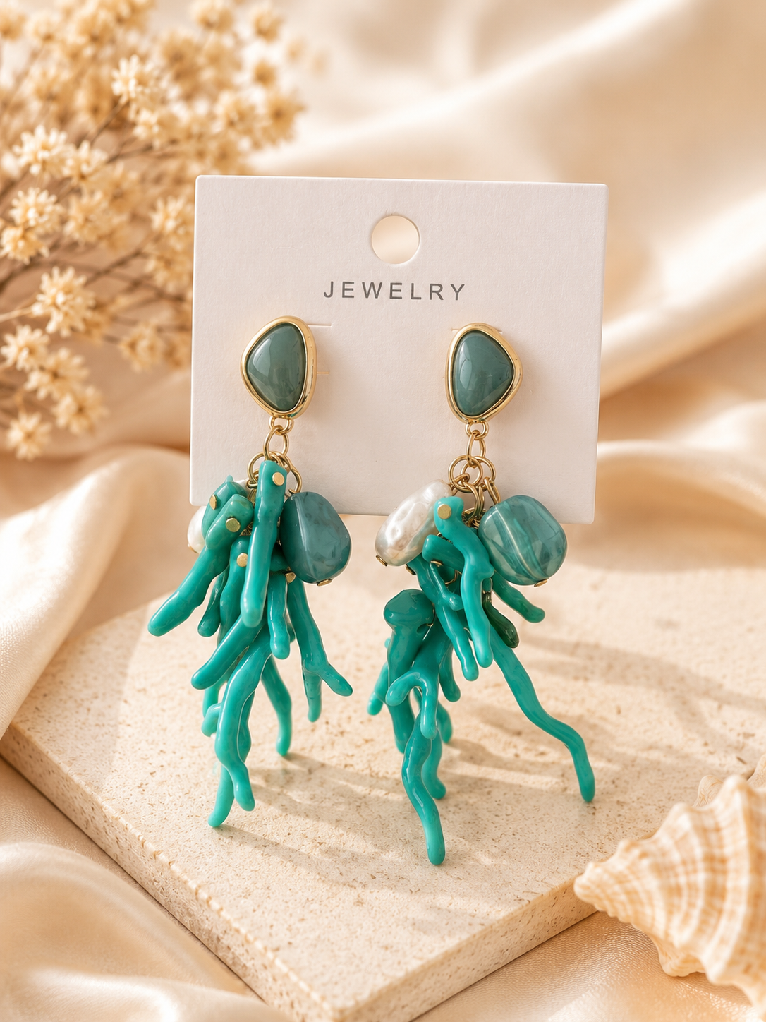 Ocean Coral Drop Statement Earrings – Light Blue & Gold Coastal Earrings