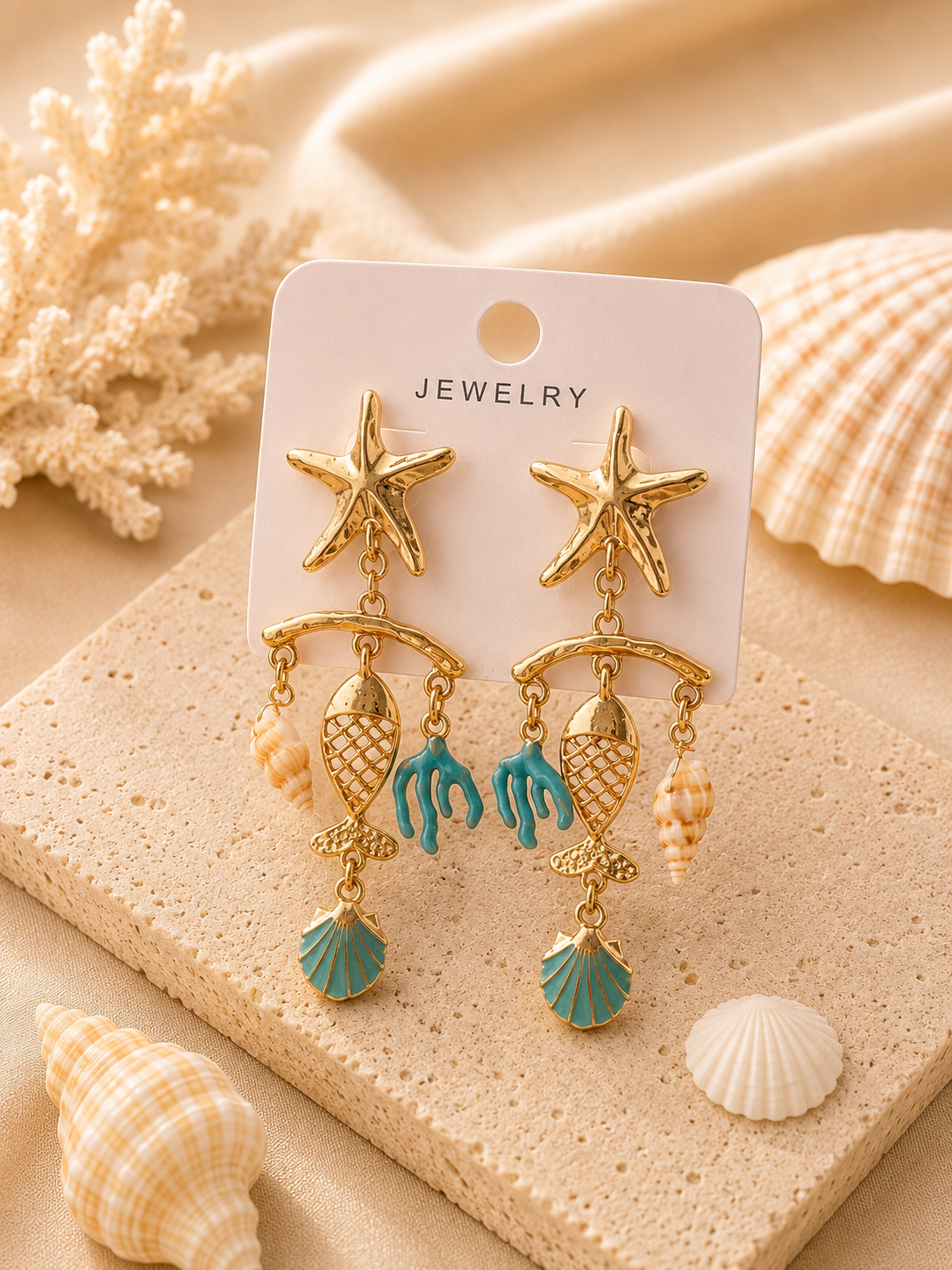 Ocean Charm Starfish & Shell Statement Earrings – Gold Tone