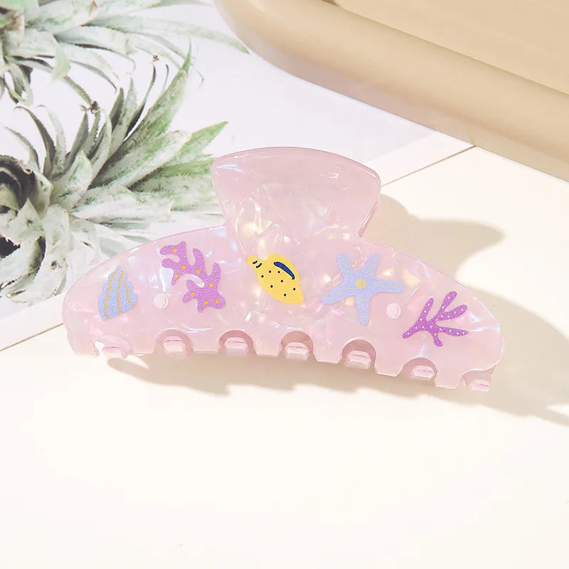 Ocean Series Acetate Hair Claw Clip Beach Vacation Starfish Seashell Print Shark Clip for Women Sweet Hair Accessories