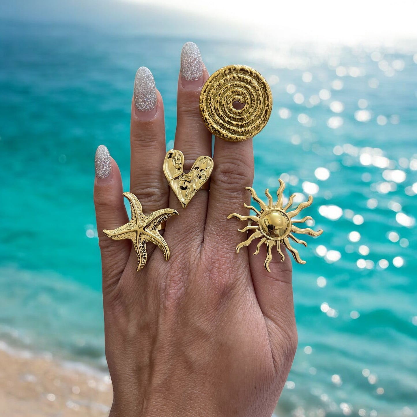 Uworld Ocean Vacation Style 18k Gold Color Plated Stainless Steel Sea Star Conch Shell Ring Waterproof Stackable Ring Women's Ac
