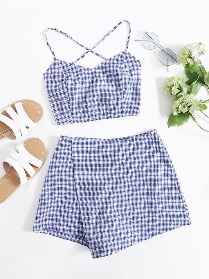 SHEIN Lace Up Backless Plaid Cami Top & Skort Set - L