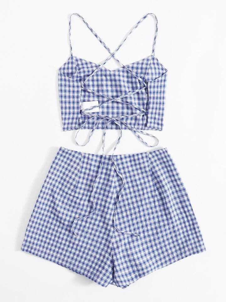 SHEIN Lace Up Backless Plaid Cami Top & Skort Set - L