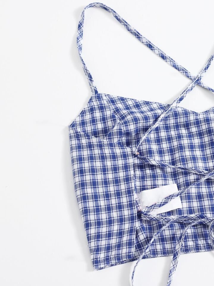 SHEIN Lace Up Backless Plaid Cami Top & Skort Set - L