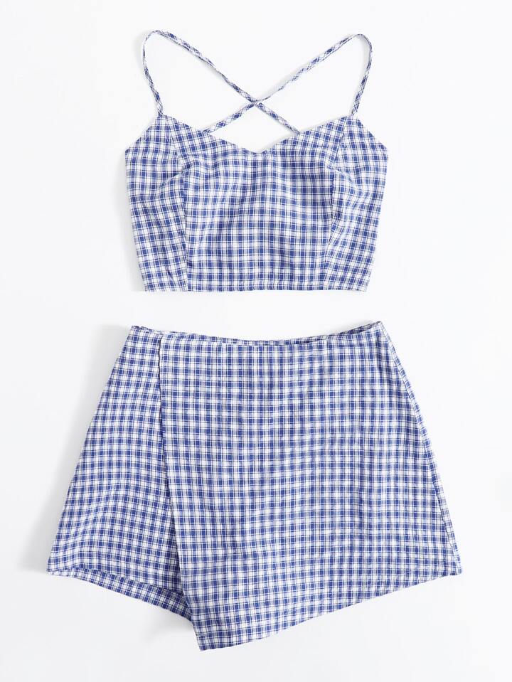 SHEIN Lace Up Backless Plaid Cami Top & Skort Set - L