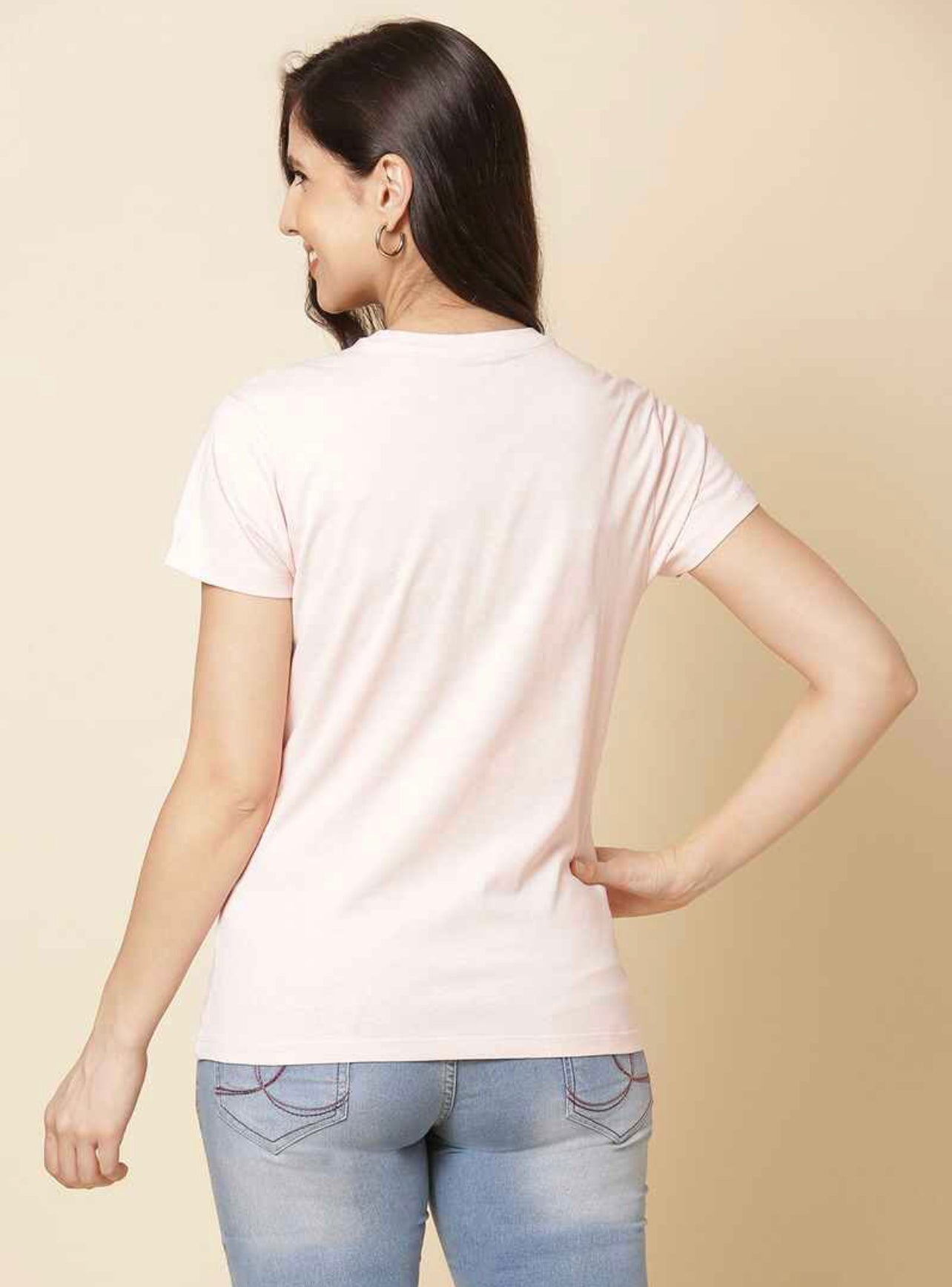 Printed Crew Neck Summer T-Shirt Baby Pink - L,XL