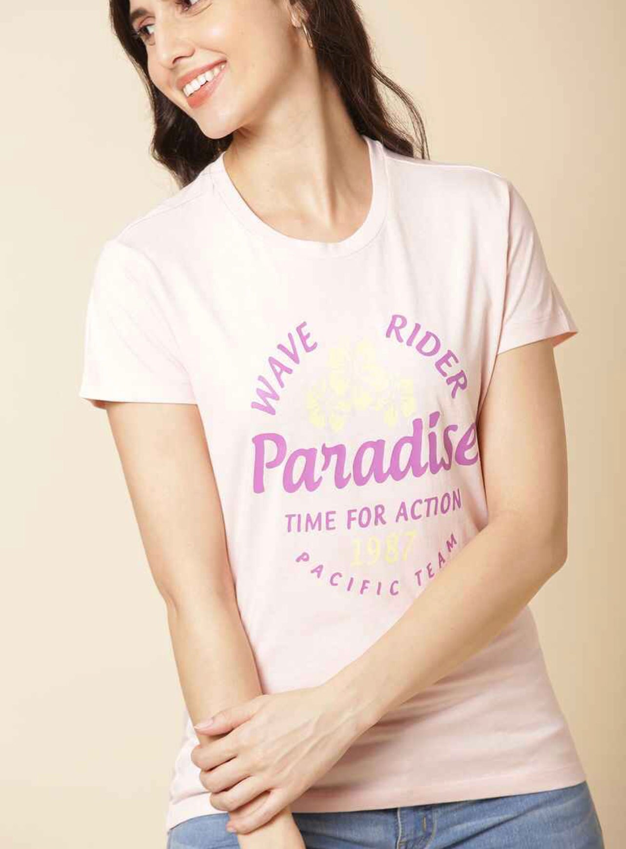 Printed Crew Neck Summer T-Shirt Baby Pink - L,XL