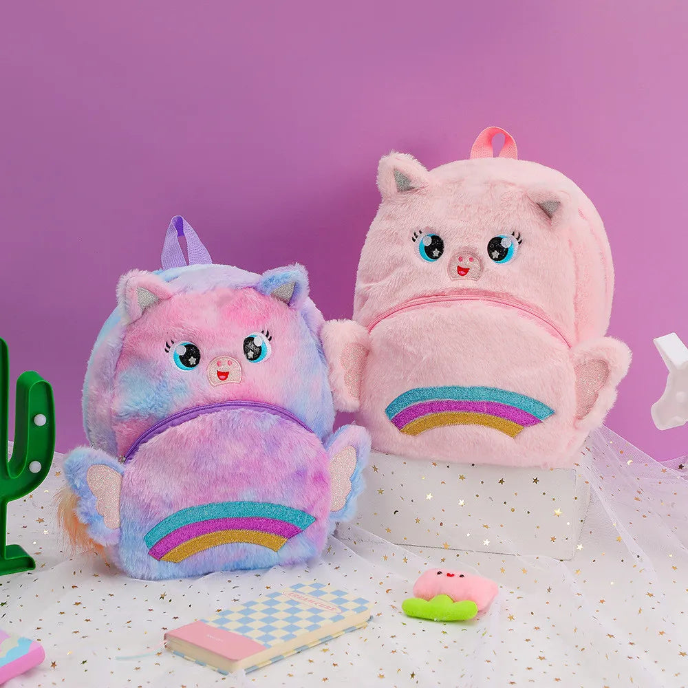 Pastel Unicorn Plush Backpack for Girls – Soft Furry Rainbow School Bag