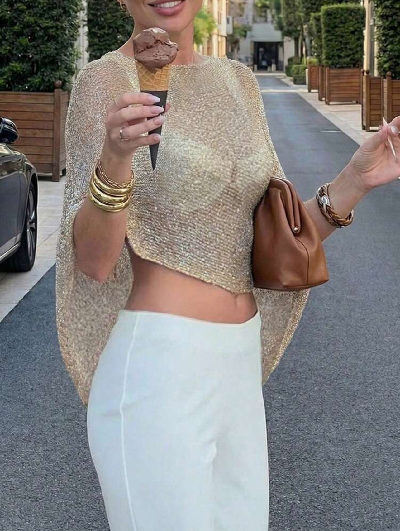 FOR BEAUTY Women's Summer New Knit Top, Casual Style, Solid Gold Loose Shawl Cover Up, Bohemian Style, Suitable For Beach And Vacation - M,L