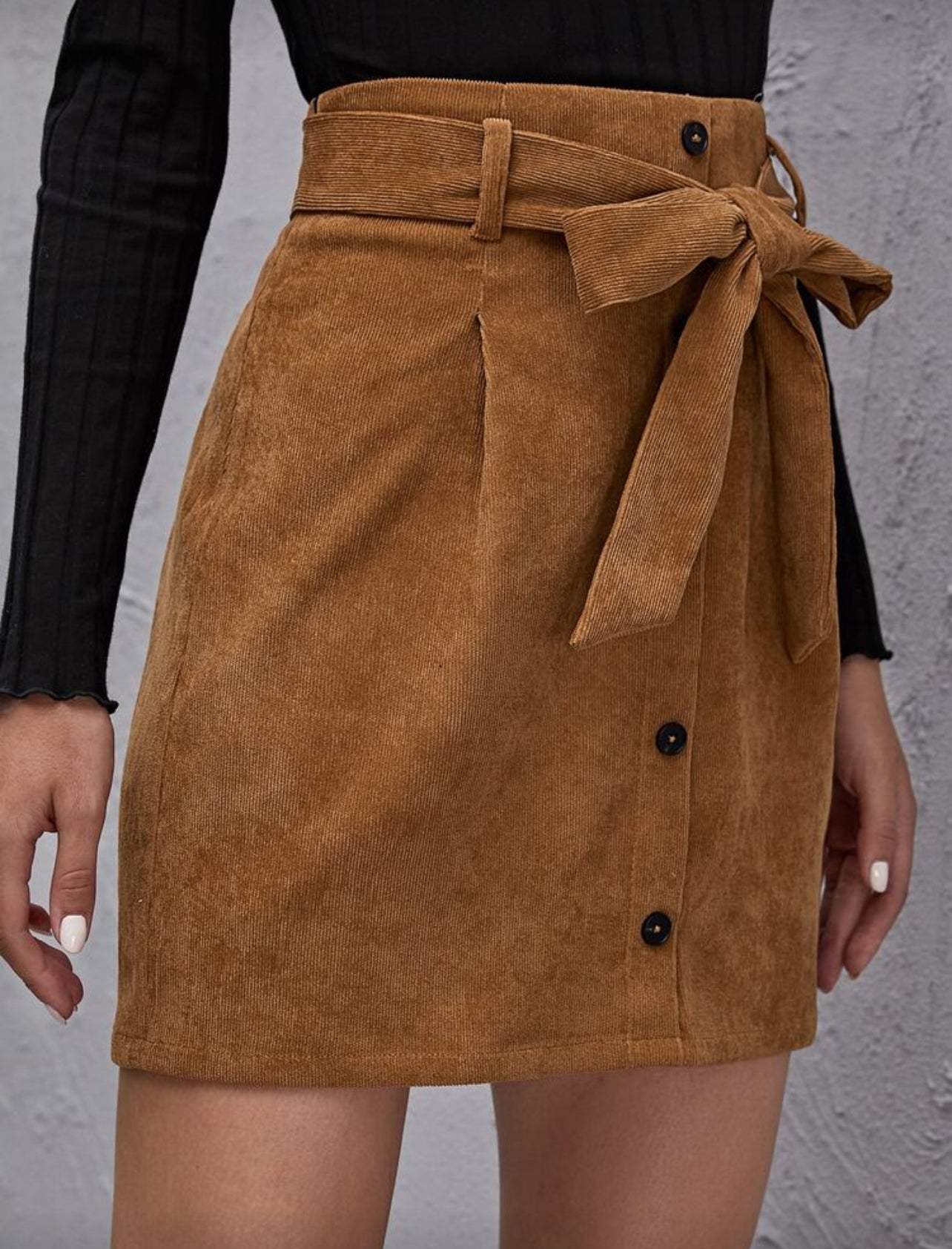 SHEIN Button Front Belted Cord Skirt - Large