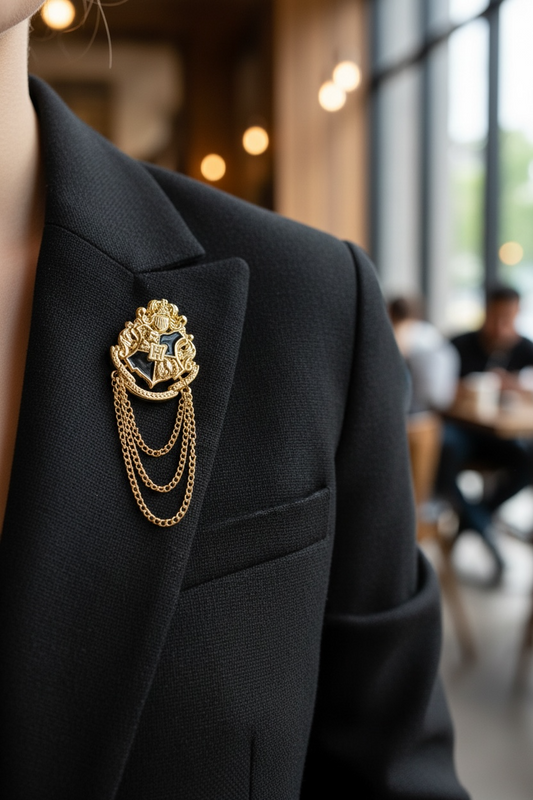 🖤✨ Elegant Vintage Crest Brooch with Chains
