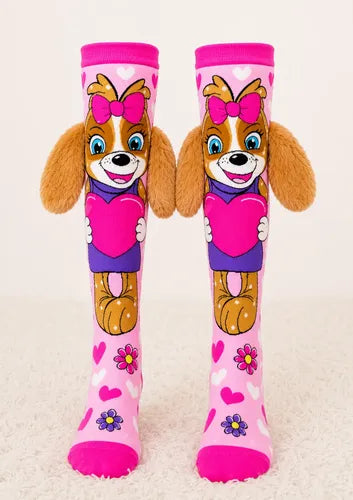 Girls’ Cute Puppy Knee-High Socks with 3D Fluffy Ears – Pink