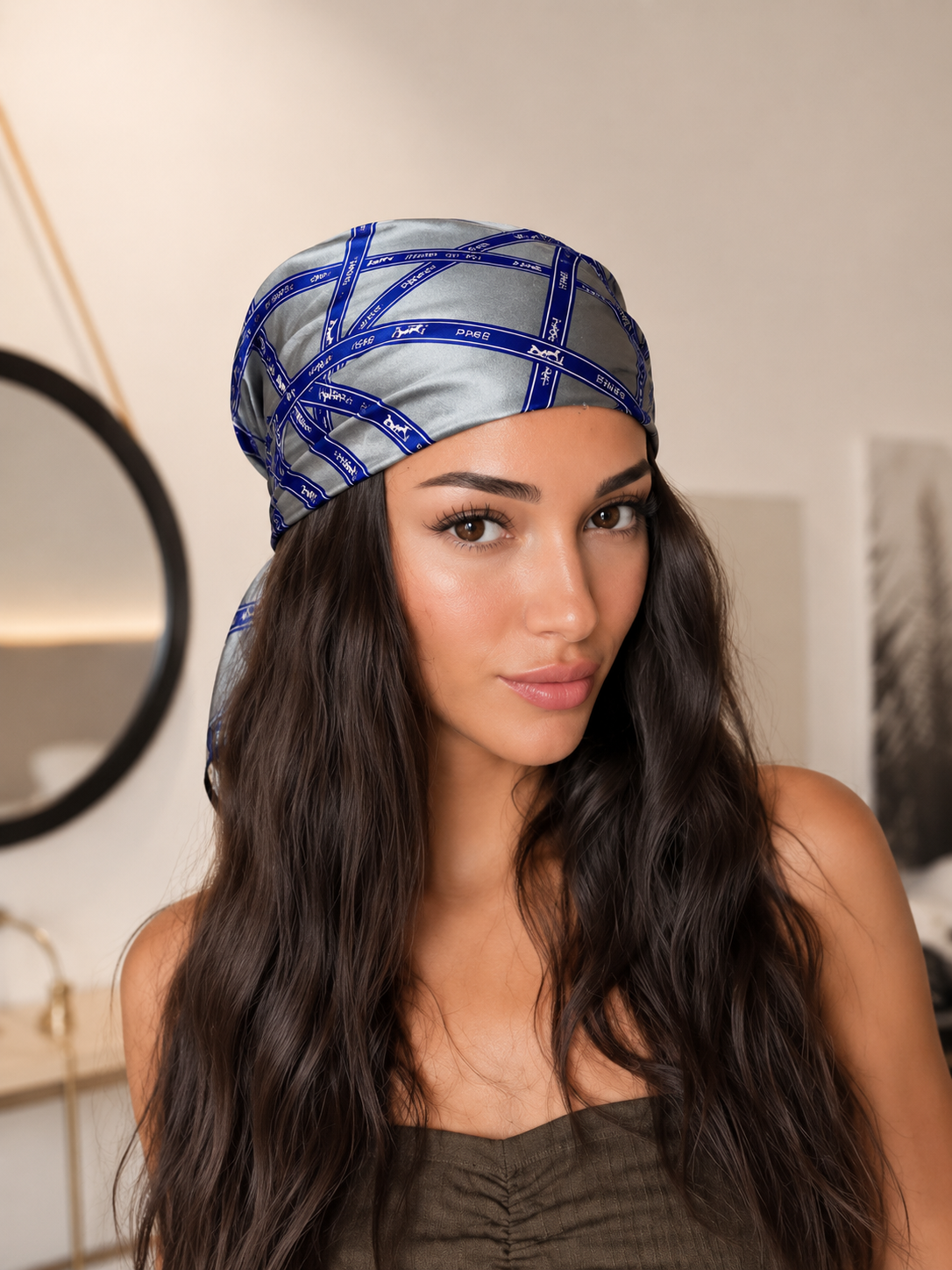 Luxury Satin Square Scarf – Blue & Silver Ribbon Print | Soft Silk Feel | Multi-Way Styling