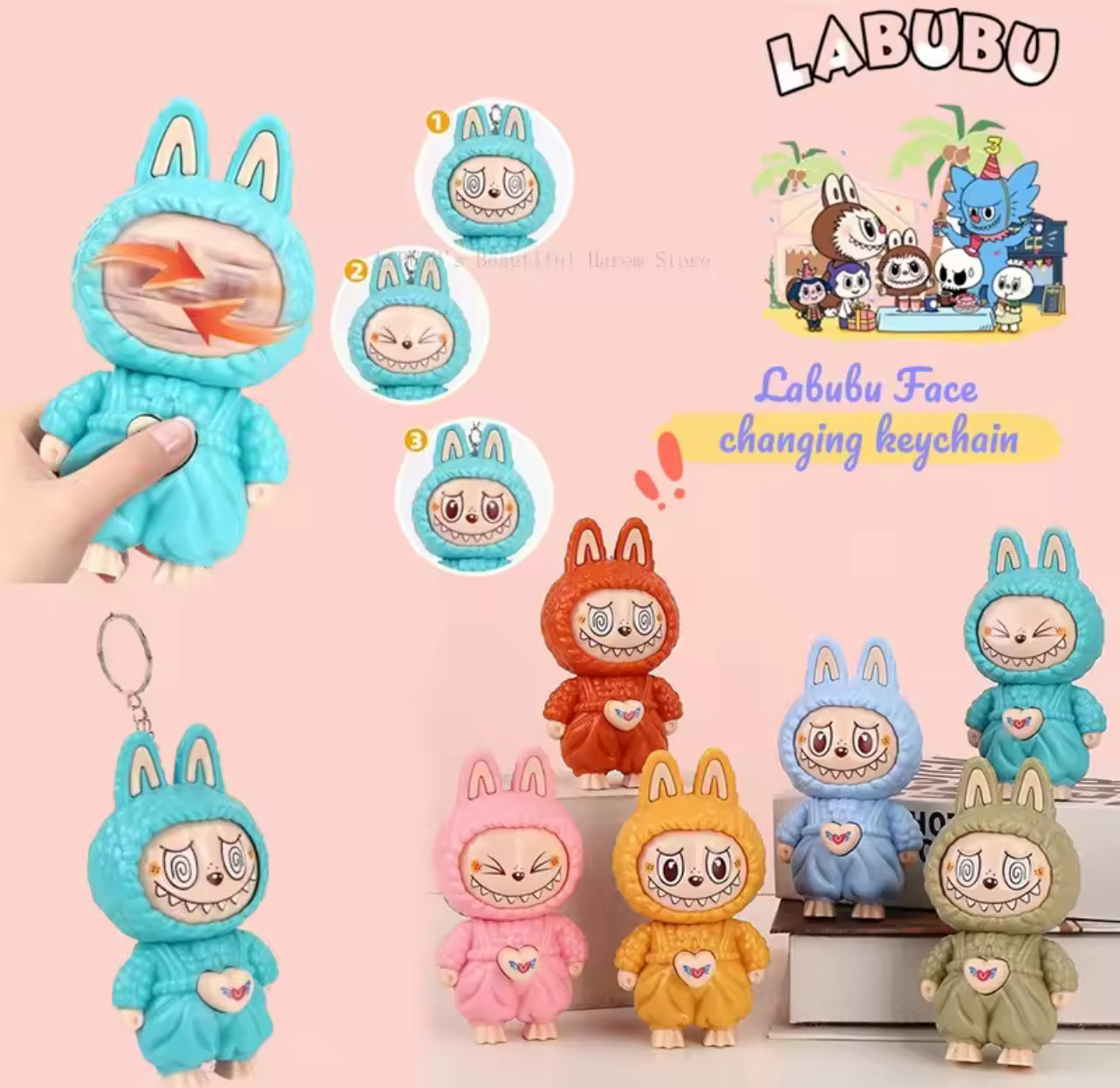 NEW Labubu Face Changing Dolls Keychains Cute Cartoon Stress Relieving Toys Creative Fun Bags Accessories Children Gifts