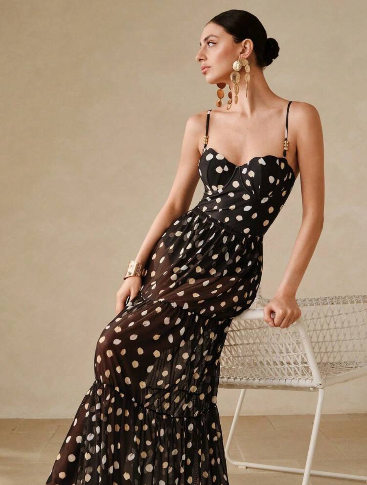 Swim Oasis New Sexy Tight Black & White Polka Dot Print Spaghetti Strap Push-Up Underwire One-Piece, Vacation Beach Crop Top & Skirt 2 Pieces Set For Summer - L,XL