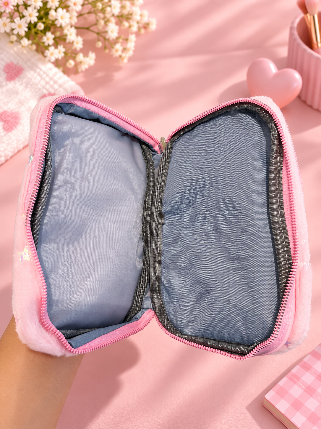 Fuzzy Star Print Double Compartment Pencil Case – Pink & Lavender