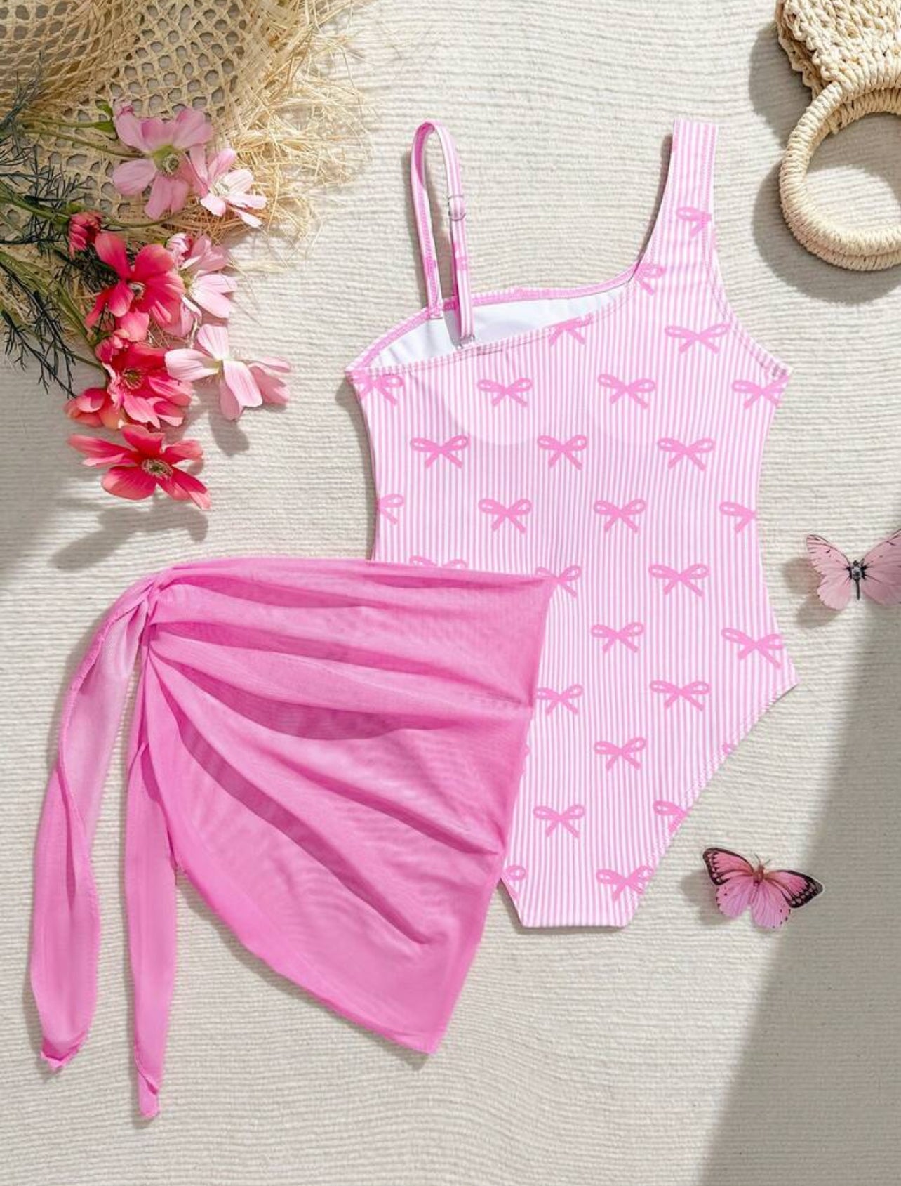 SHEIN Tween Girl Pink Striped Bow One-Piece Swimsuit And Mini Skirt Set
