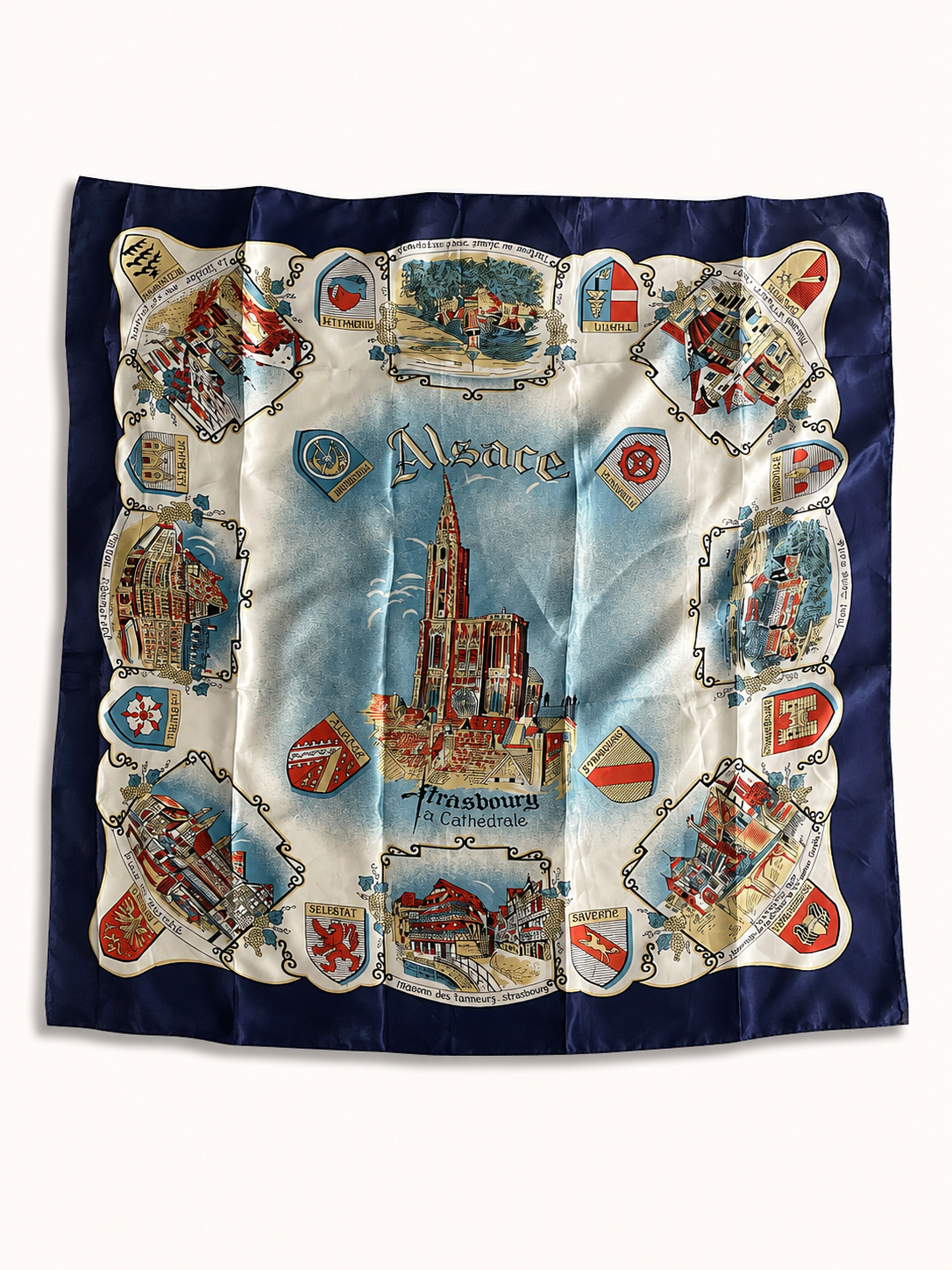 Vintage Alsace Print Satin Square Scarf – 100 × 100 cm | Luxury Silk Feel | Navy Blue