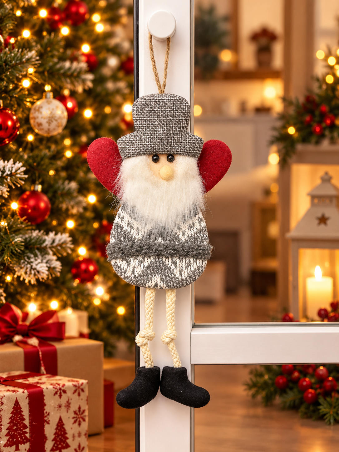 Christmas Gnome Door Hanger – Grey & Red Festive Decoration