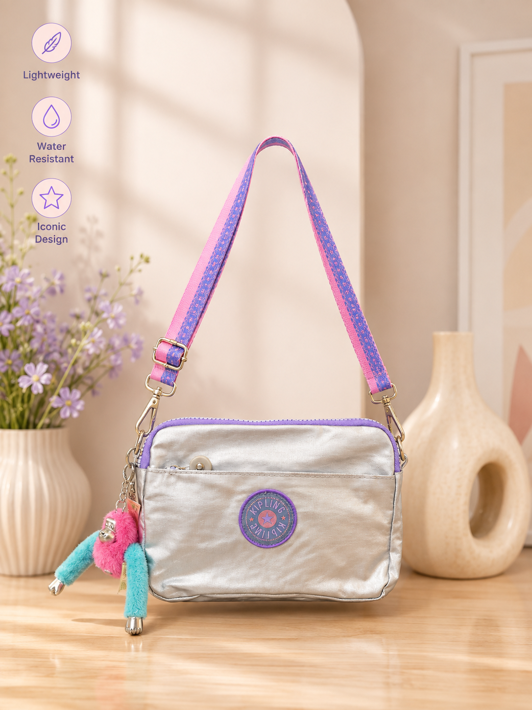 Metallic Crossbody Bag with 4 Zipper Compa