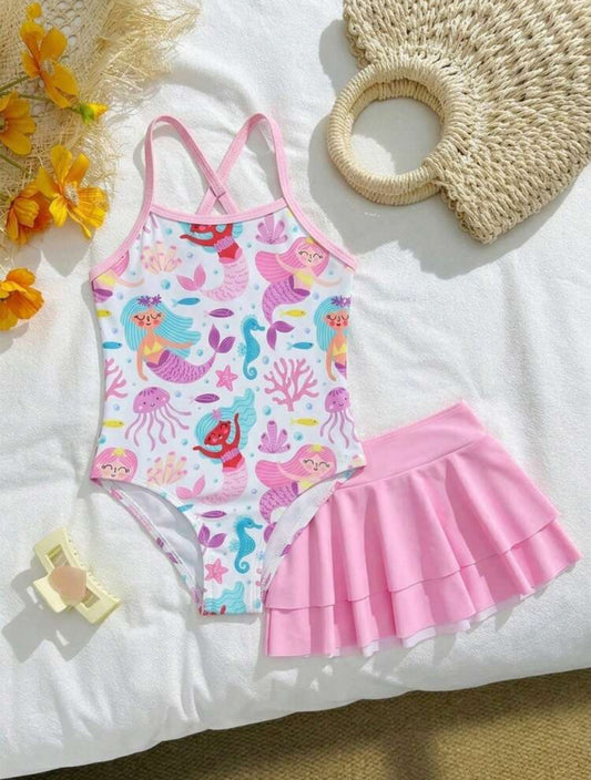 SHEIN Young Girl Mermaid Print One-Piece Swimsuit With Matching Cover-Up Skirt, Random Print - 4Y