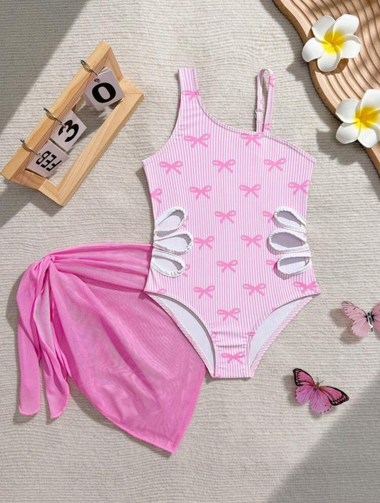 SHEIN Tween Girl Pink Striped Bow One-Piece Swimsuit And Mini Skirt Set