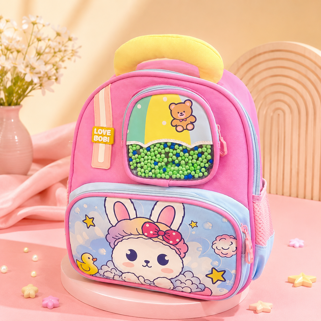 Cute Kids’ Backpack with Beaded Front Pocket – Pink Bunny School Bag