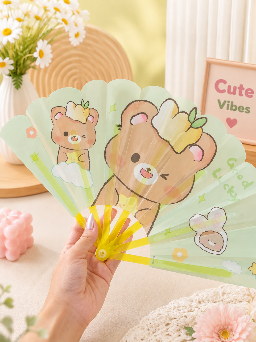Cute Cartoon Folding Hand Fan – Portable Summer Fan with Puppy & Bear Design