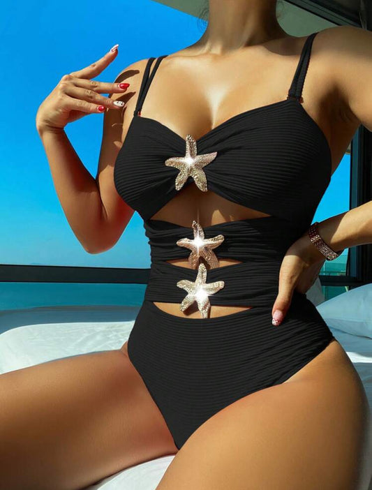 Beach Outfit For Women: Sexy Women's Hollow Lace-Up One-Piece Swimsuit With Detachable Shoulder Straps, Starfish Decor, Elegant Summer Beach Vacation - Large