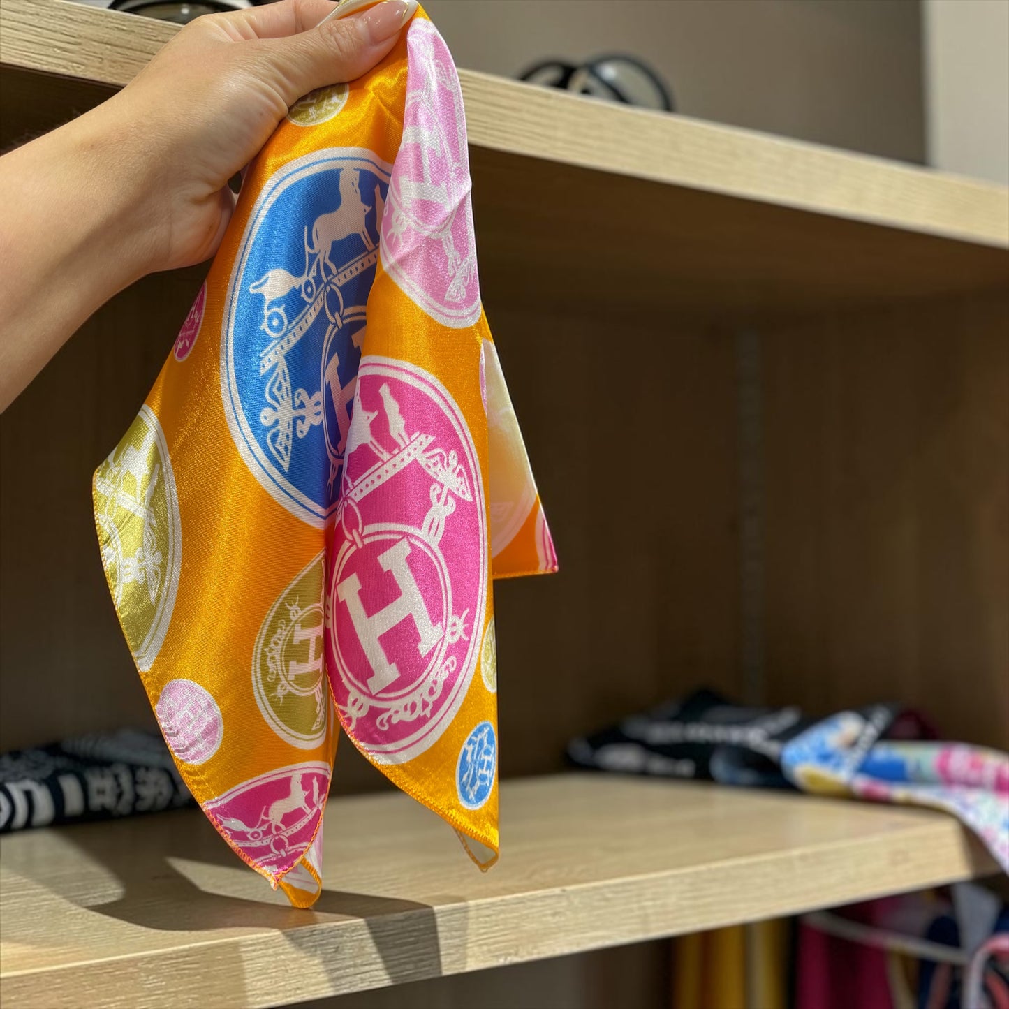 Luxury Printed Silk Square Scarf – Multicolor Monogram Pattern (Small Neck Scarf)