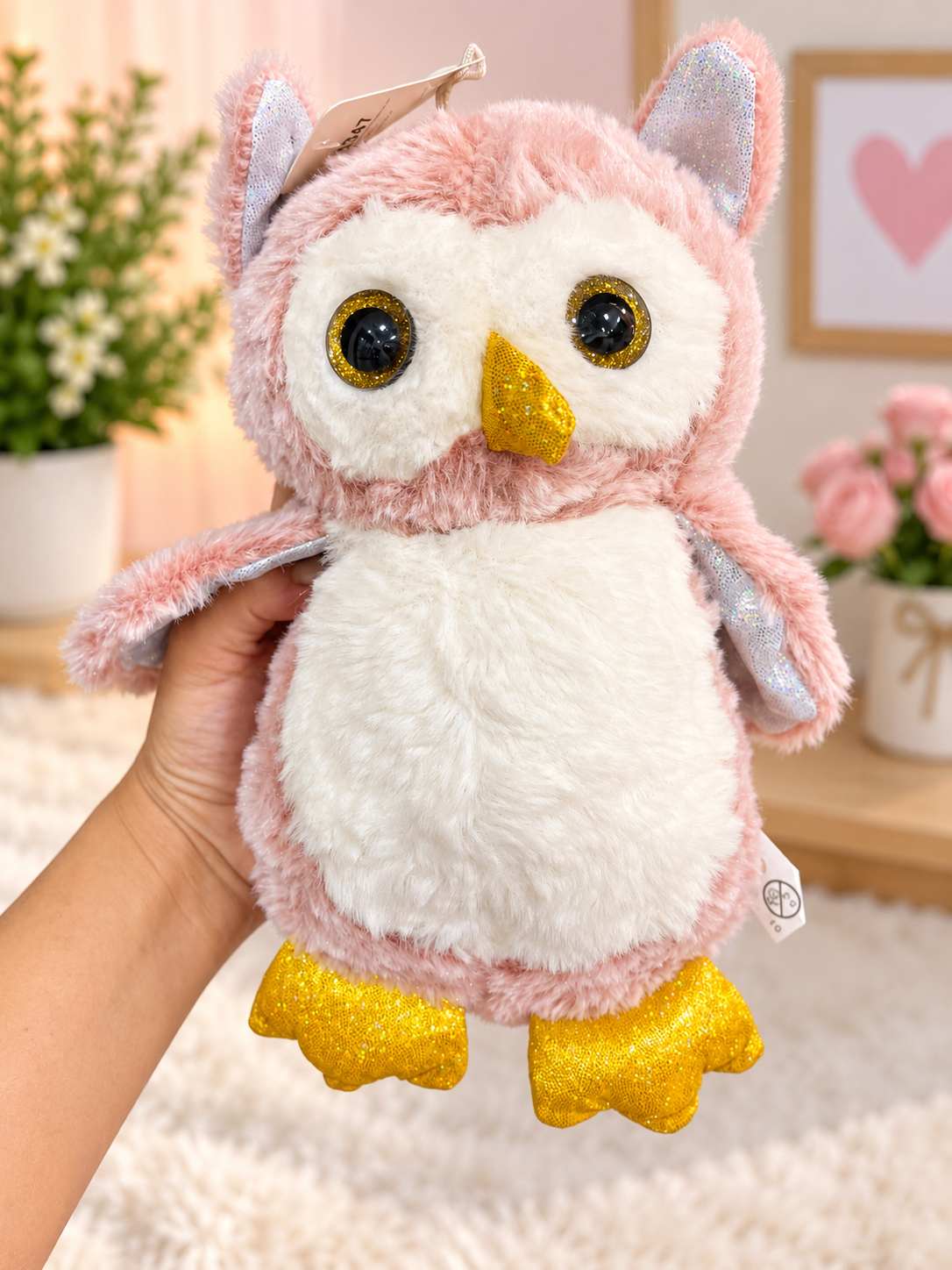 Pink Plush Owl Soft Toy with Glittery Gold Details – 27 × 15 cm