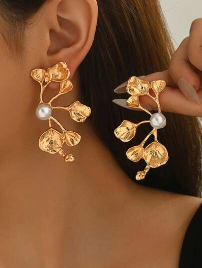 1 Pair Vintage European & American Style Long Leaf Shaped Metal & Faux Pearl Dangle Earrings For Women, Everyday Wear