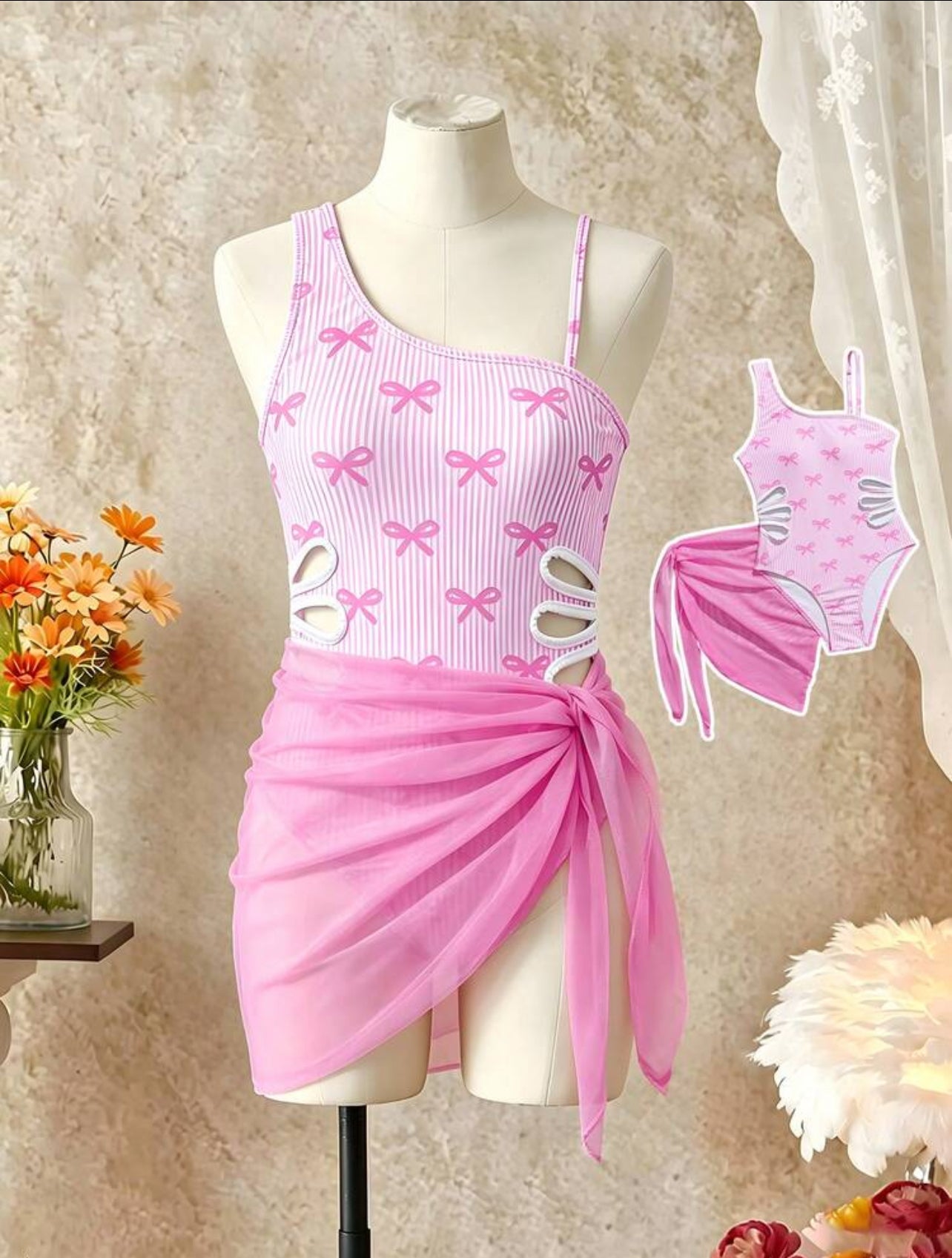 SHEIN Tween Girl Pink Striped Bow One-Piece Swimsuit And Mini Skirt Set
