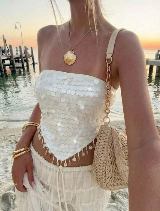 Aloruh Women's Sexy Sequin Decor Lace-Up Backless Tube Top, Summer,Summer Top